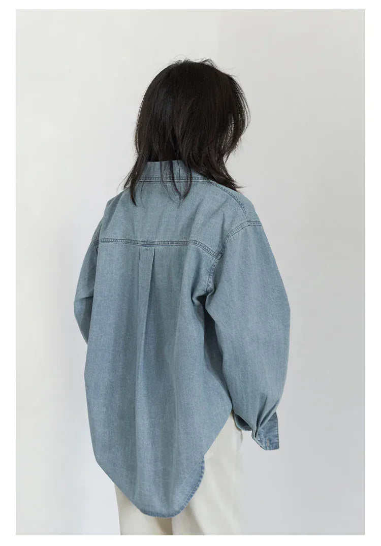 T-line Female Blouses, Loose Single, Breasted,  Denim Shirt,  Blue Shirt for Women, Spring / Autumn  (2 weeks delivery)