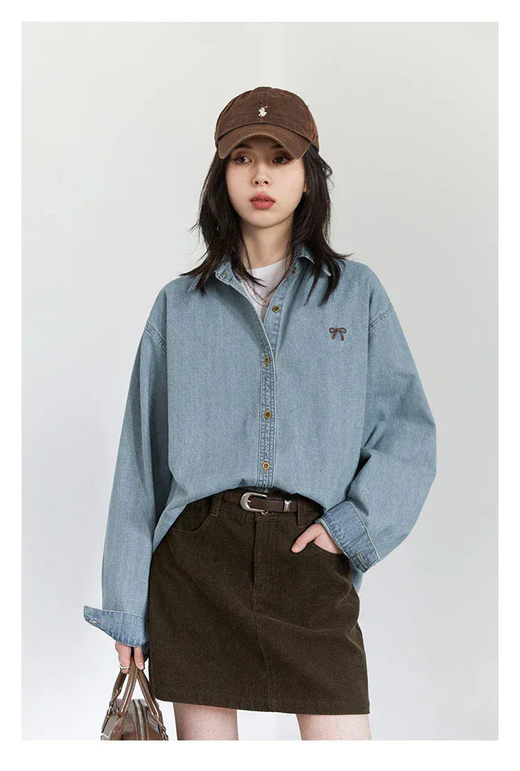T-line Female Blouses, Loose Single, Breasted,  Denim Shirt,  Blue Shirt for Women, Spring / Autumn  (2 weeks delivery)