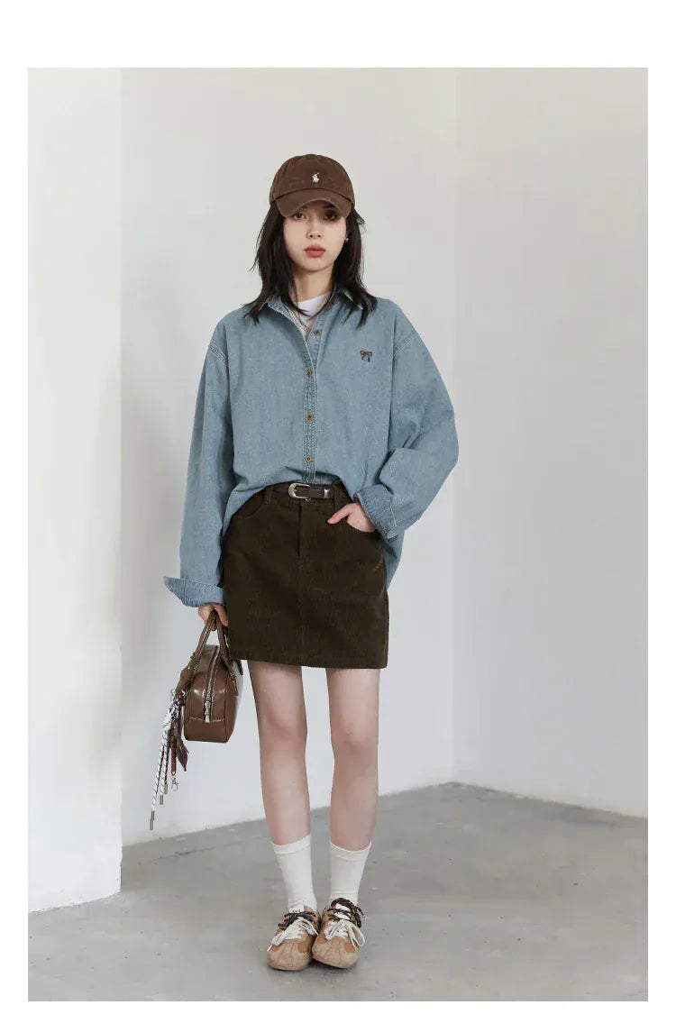 T-line Female Blouses, Loose Single, Breasted,  Denim Shirt,  Blue Shirt for Women, Spring / Autumn  (2 weeks delivery)