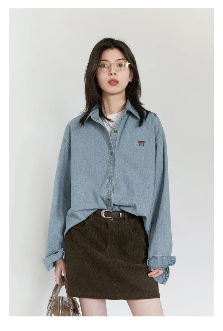 T-line Female Blouses, Loose Single, Breasted,  Denim Shirt,  Blue Shirt for Women, Spring / Autumn  (2 weeks delivery)