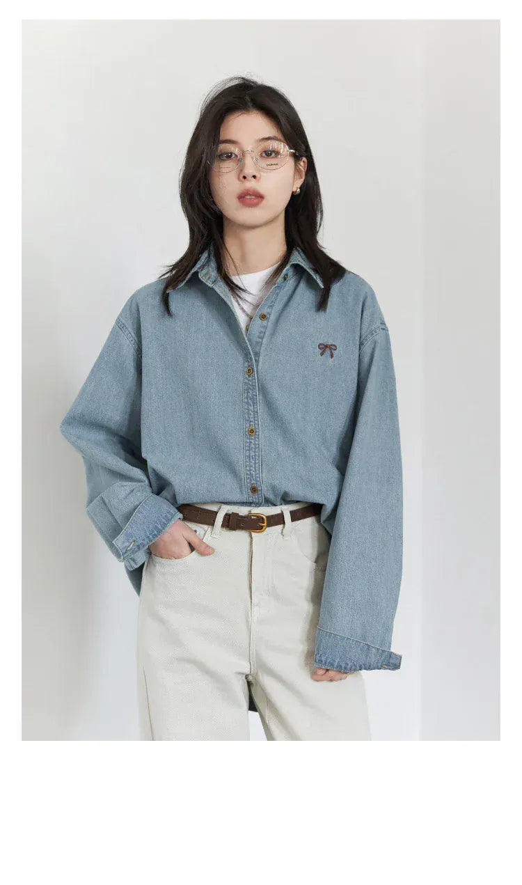 T-line Female Blouses, Loose Single, Breasted,  Denim Shirt,  Blue Shirt for Women, Spring / Autumn  (2 weeks delivery)