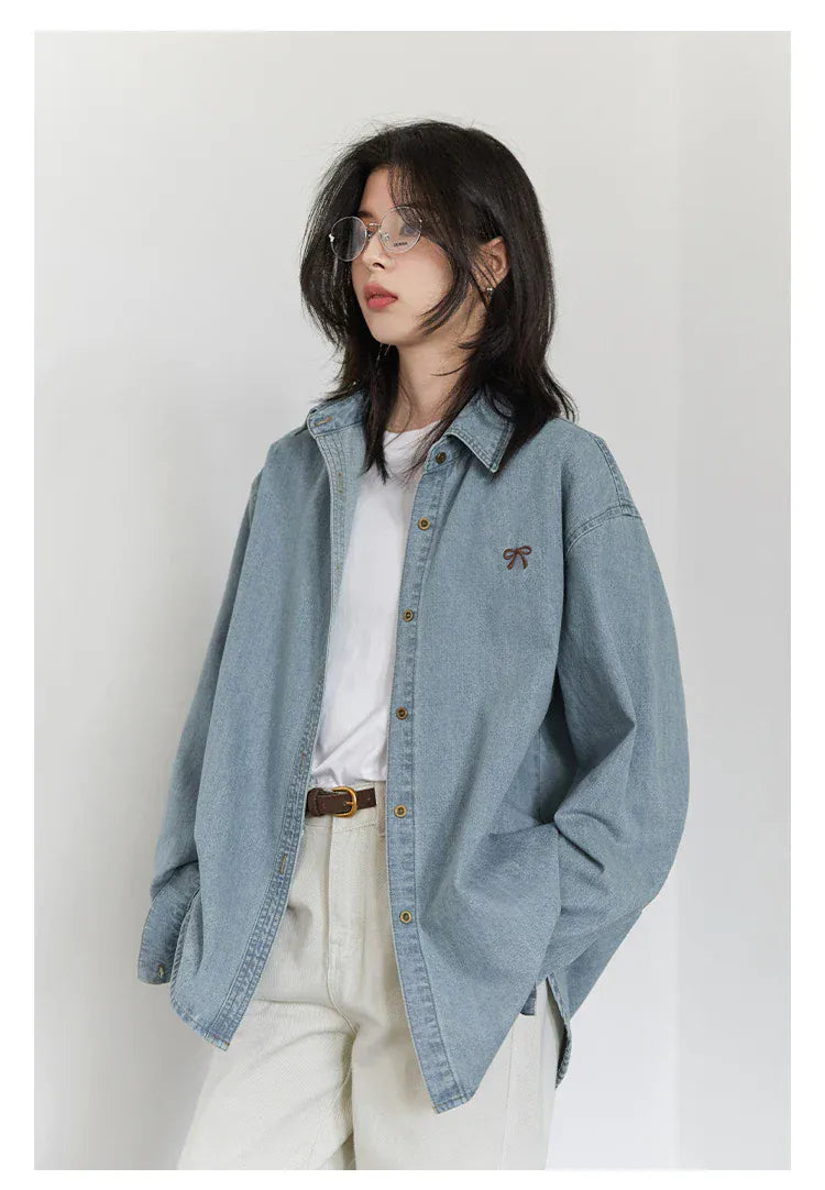T-line Female Blouses, Loose Single, Breasted,  Denim Shirt,  Blue Shirt for Women, Spring / Autumn  (2 weeks delivery)