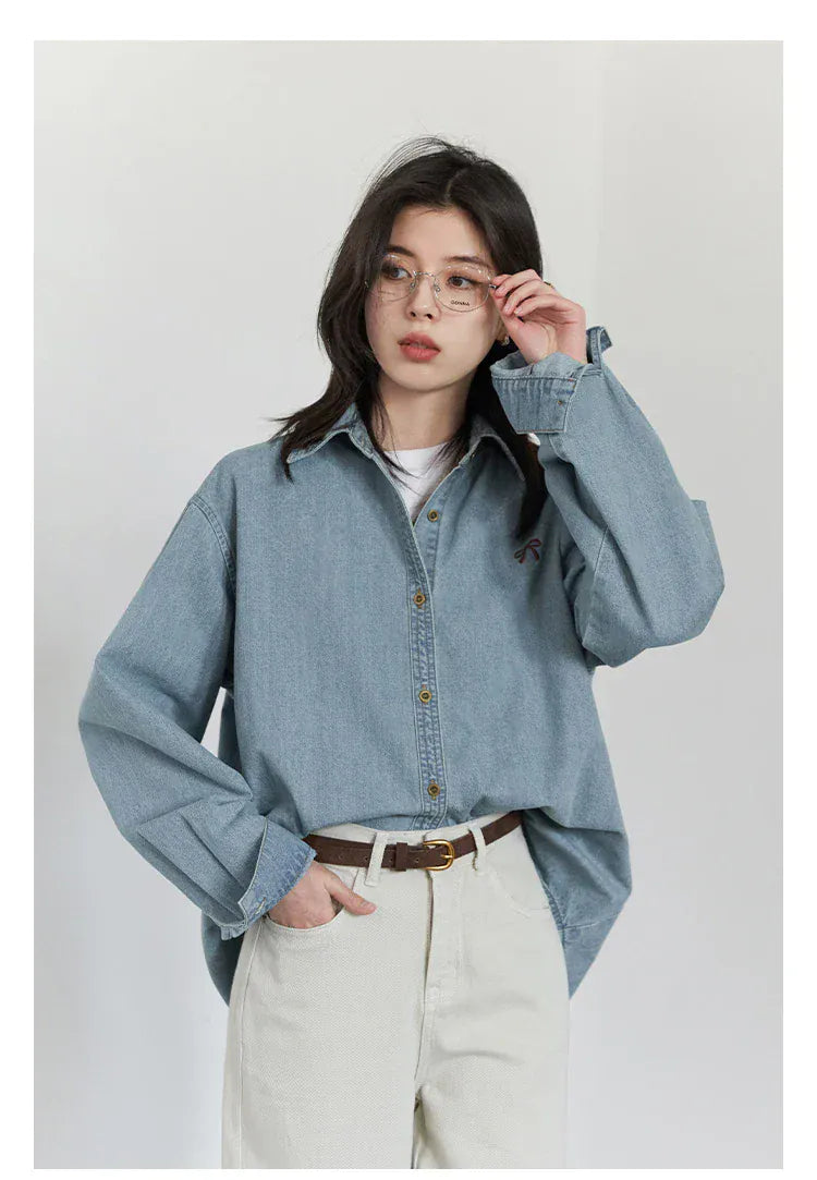 T-line Female Blouses, Loose Single, Breasted,  Denim Shirt,  Blue Shirt for Women, Spring / Autumn  (2 weeks delivery)
