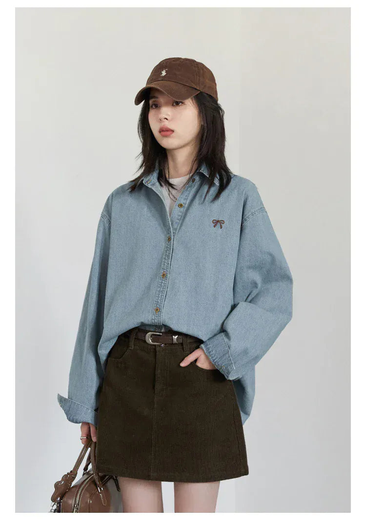 T-line Female Blouses, Loose Single, Breasted,  Denim Shirt,  Blue Shirt for Women, Spring / Autumn  (2 weeks delivery)