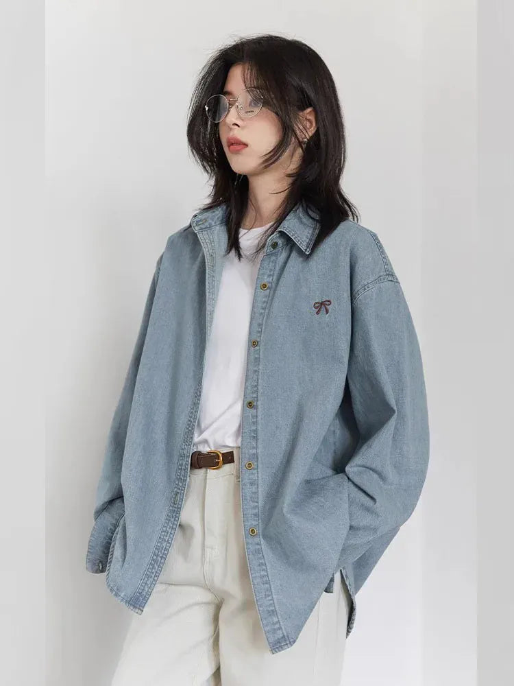 T-line Female Blouses, Loose Single, Breasted,  Denim Shirt,  Blue Shirt for Women, Spring / Autumn  (2 weeks delivery)
