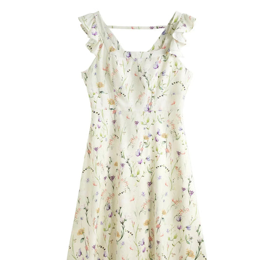 T-line Flying Sleeves,  Women Floral Dress,  Summer Women High Waist, Slim Strappy, Dresses (2 weeks delivery)
