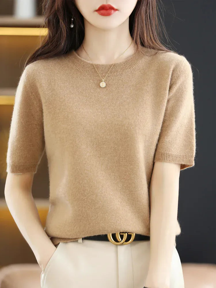 T-line Gold Camel / M / CHINA Short-sleeved Knitwear Women O-neck T-shirt,  Wool, Cotton Pullover, Sweater, Solid, Soft (2 weeks delivery)