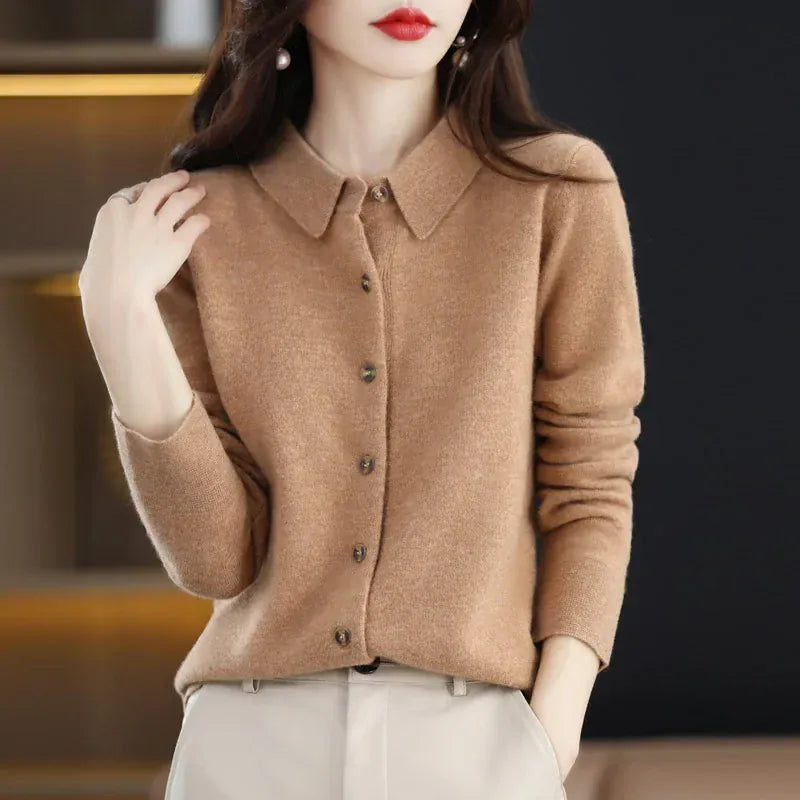 T-line Golden Camel / S 100% Merino Wool Cardigan, Women's POLO Neck,  Knit Sweater,  Spring / Autumn / winter, Soft Cashmere pullover (2 weeks delivery)