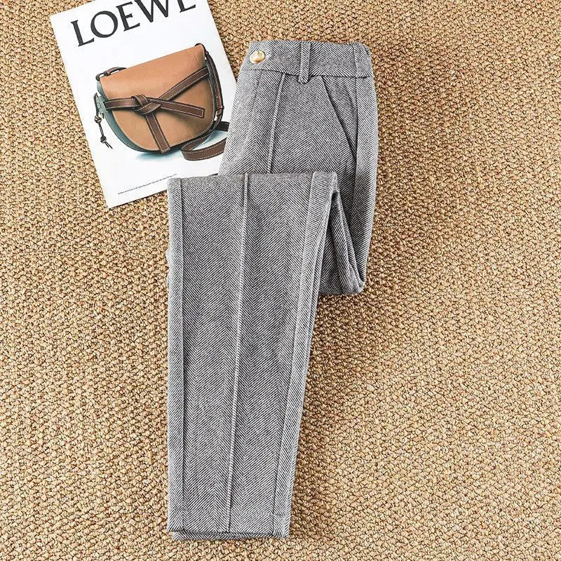 T-line Gray / M Woolen  Pencil High Waist  Women's Pants,  Trousers Thick,  Suit Pants, For Women (2 weeks delivery)