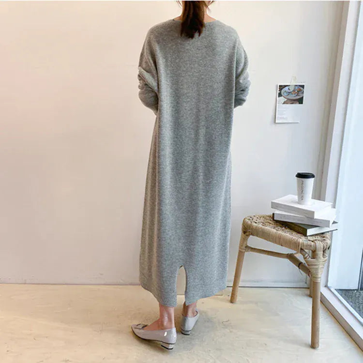 T-line Gray / One Size Long Sweater Dress Women, Autumn / Winter  V Neck, Knitted, Loose Women Maxi Cashmere Dress(2 weeks delivery)