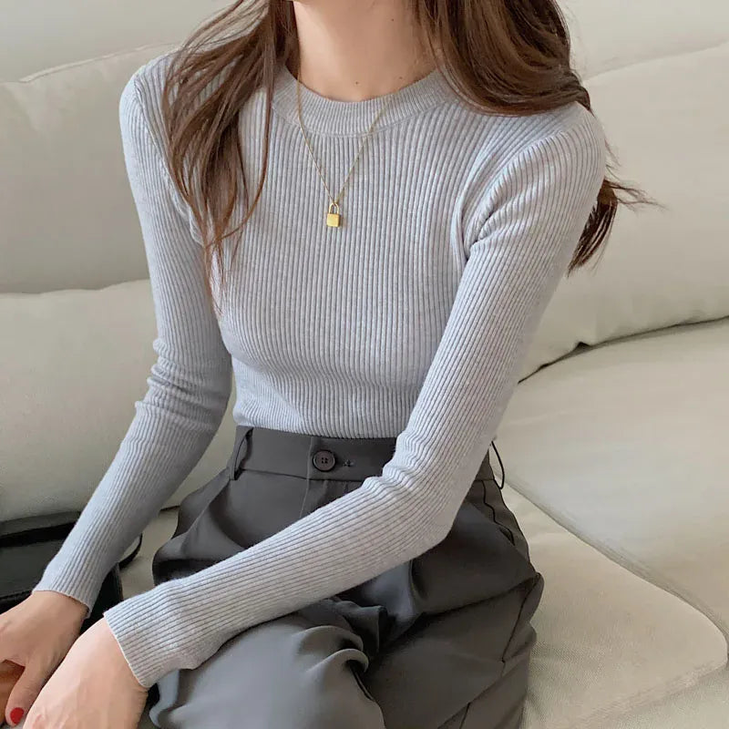 T-line Gray / One Size O-neck, Solid, Knit, Slim Pullovers. Autumn Winter  Women Sweater, Female Long Sleeve Warm pullover(2 weeks delivery)