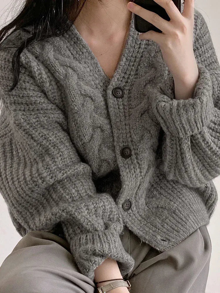 T-line GRAY / One Size Thick Women Cardigan, Knitted, Sweater, Autumn / Winter,  Long Sleeve,  sweater jacket , Female (2 weeks delivery)