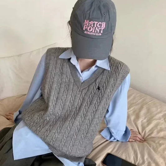 T-line Gray / One Size V-neck Knitted Vest Women , Solid, Pullover,Sweater  Spring Autumn Top (2 weeks delivery)