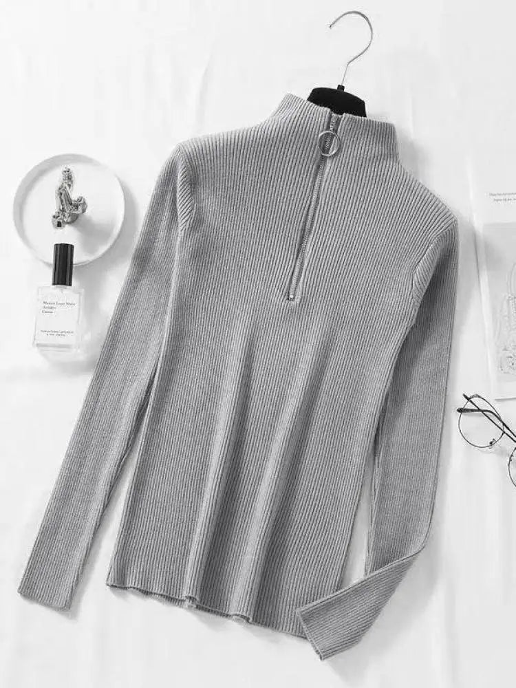 T-line Gray / One Size Women Knitted Sweaters,  Long Sleeve , Zip-up,  Basic Female Pullovers  (2 weeks delivery)