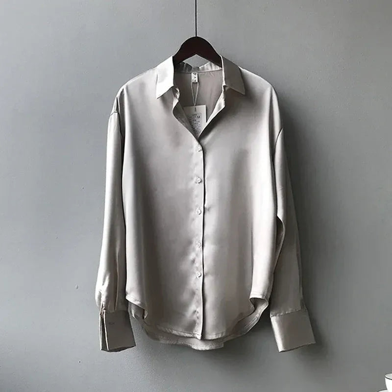 T-line Gray / S Casual, Button, Silk, Tops,  Satin, Loose, Women Shirt,  Blouse (2 weeks delivery)