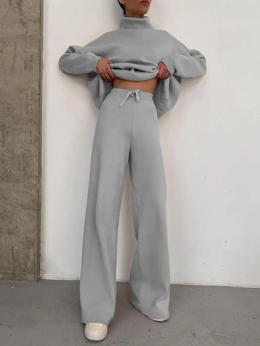 T-line Gray / S Long Sleeve Brown Wide Leg Pants,   High Neck pullover,  Two Piece Sweater Set, suit  (2 weeks delivery)