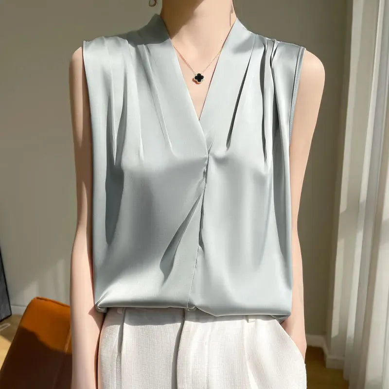 T-line Gray / S Tops, Blouses, Solid Color,  Satin, shirt, Sleeveless female Shirts,  (2 weeks delivery)