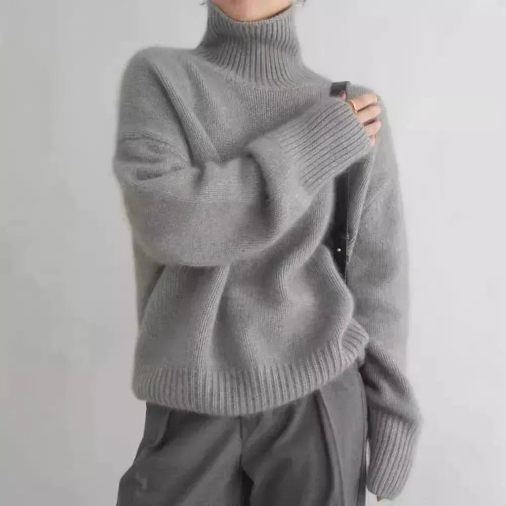 T-line Gray / S Women's Sweater, Autumn / winter,   High Neck Knitted Jumper,  Solid Colour, Loose Long-sleeved Knit Sweater  (2 weeks delivery)
