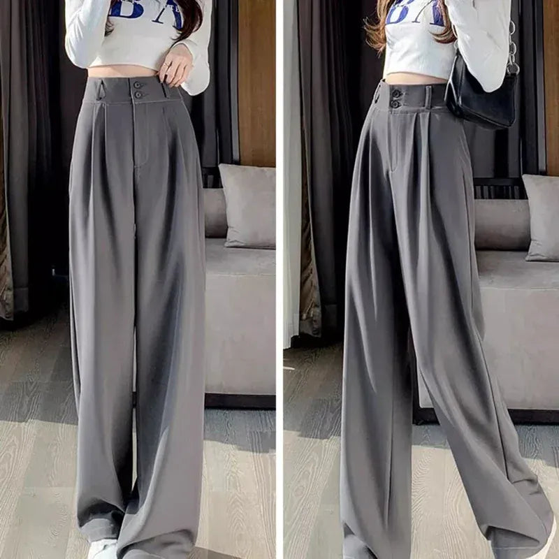 T-line Gray / S Women  Suit Pants,  Wide Straight Leg, Double Button, Trouser, High Waist  (2 WEEKS DELIVERY)