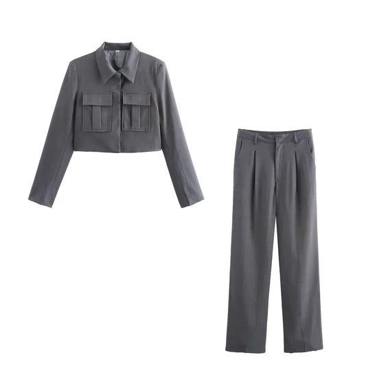 T-line Gray Set / S Casual Short Blazer, Suit , Women, Pockets,  Jacket with Pants,   Blazer Suit (we recommend a larger size)(2 weeks delivery)