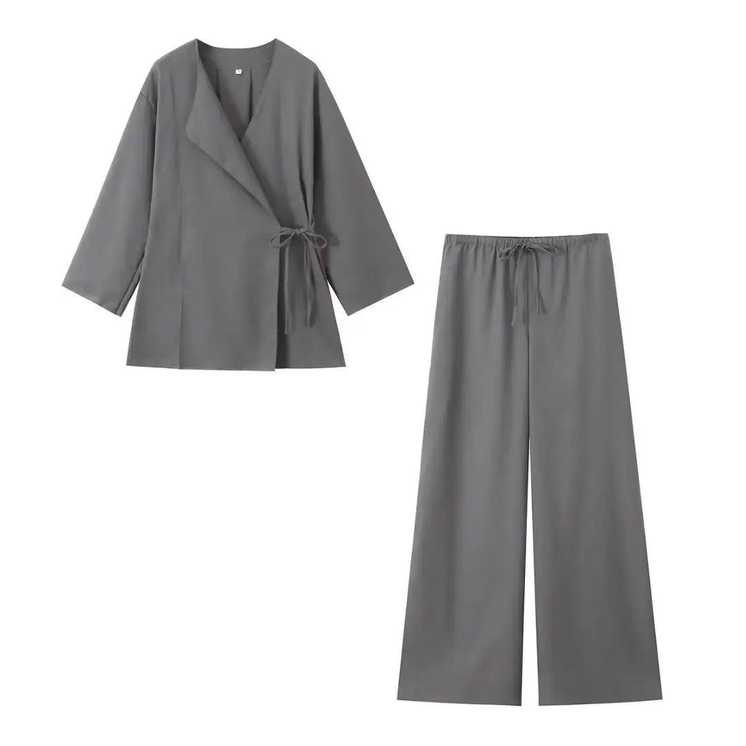 T-line Gray Suit / XS Women Set  Spring / Autumn Long Sleeve , Kimono Jacket+Pants suit (5 - 10  work days free delivery)