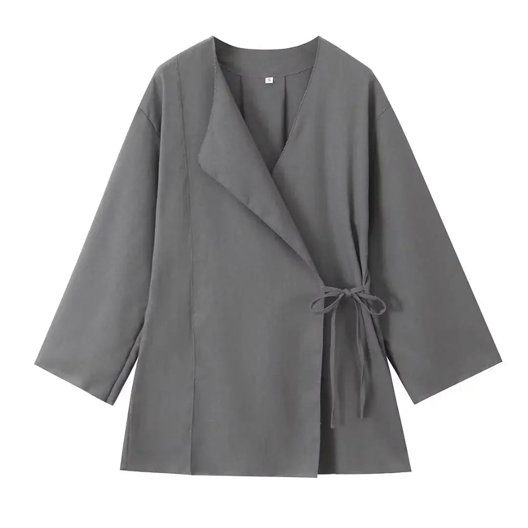 T-line Gray Tops / XS Women Set  Spring / Autumn Long Sleeve , Kimono Jacket+Pants suit (5 - 10  work days free delivery)