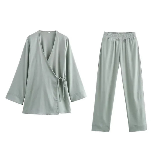 T-line Gray / XS 2 Pieces Sets,  Women Kimono Style suit,  Loose Lace Up Shirts Tops Women's Wide Leg Pants Sets (2 weeks delivery)