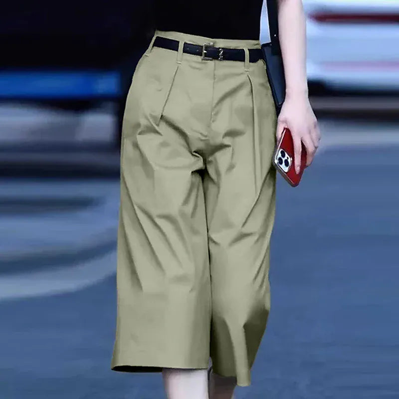 T-line Green GRAY / S Women  Trousers, Summer High Waist Calf-Length Pants, Solid color,  Pockets Wide Leg(2 weeks delivery)