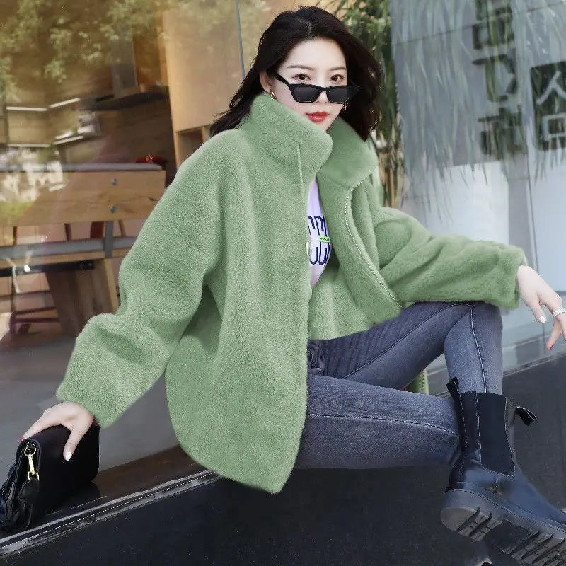 T-line Green / M Women Winter Double  Fleece Warm Coat, Thick Overcoat Female, Long Sleeve Zipper Clothes(2 weeks delivery)