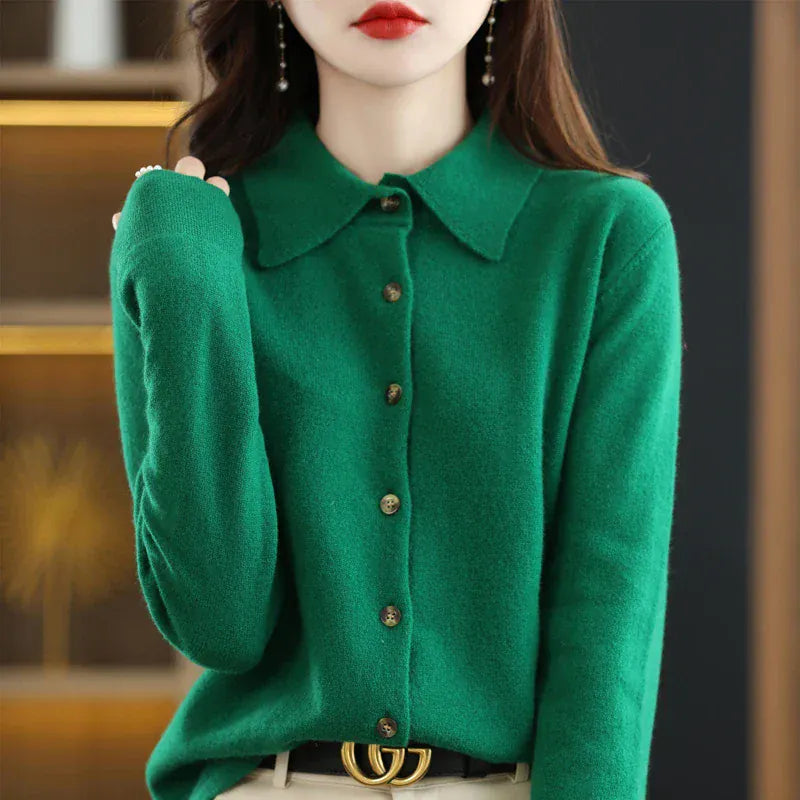 T-line Green / S 100% Merino Wool Cardigan, Women's POLO Neck,  Knit Sweater,  Spring / Autumn / winter, Soft Cashmere pullover (2 weeks delivery)