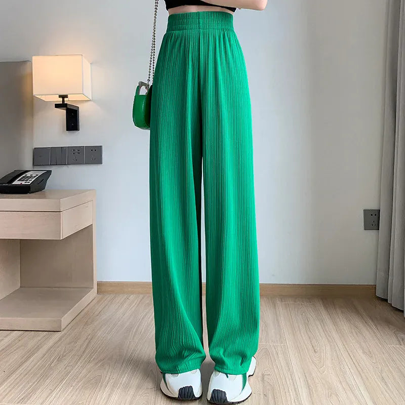 T-line Green / S(37.5-47.5kg) Spring Summer  Wide Leg Pants,  Women,  Thin Chiffon, High Waist,  Loose Straight, Trousers (2 weeks delivery)
