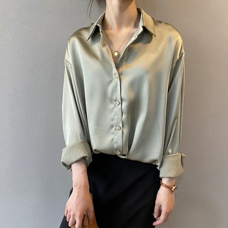 T-line Green / S Casual, Button, Silk, Tops,  Satin, Loose, Women Shirt,  Blouse (2 weeks delivery)