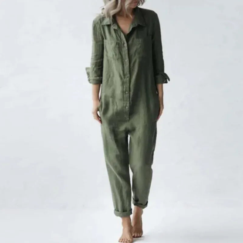 T-line Green / S Cotton Linen  Jumpsuits, Women, Single Breasted, Button, , Long Sleeve, , Solid, Pockets, Overalls (2 weeks delivery)