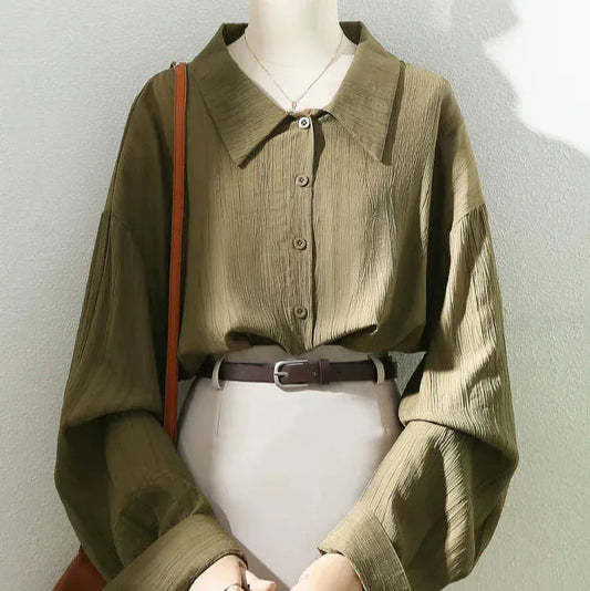 T-line Green / S Long sleeve Shirt, Women  Oversize Top, female blouse (2 weeks delivery)