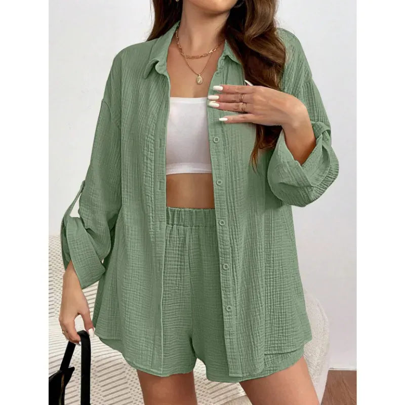 T-line Green / S Loose Short Pants Sets For Women, Women's Two Pieces Suit, shirt (2 weeks delivery)