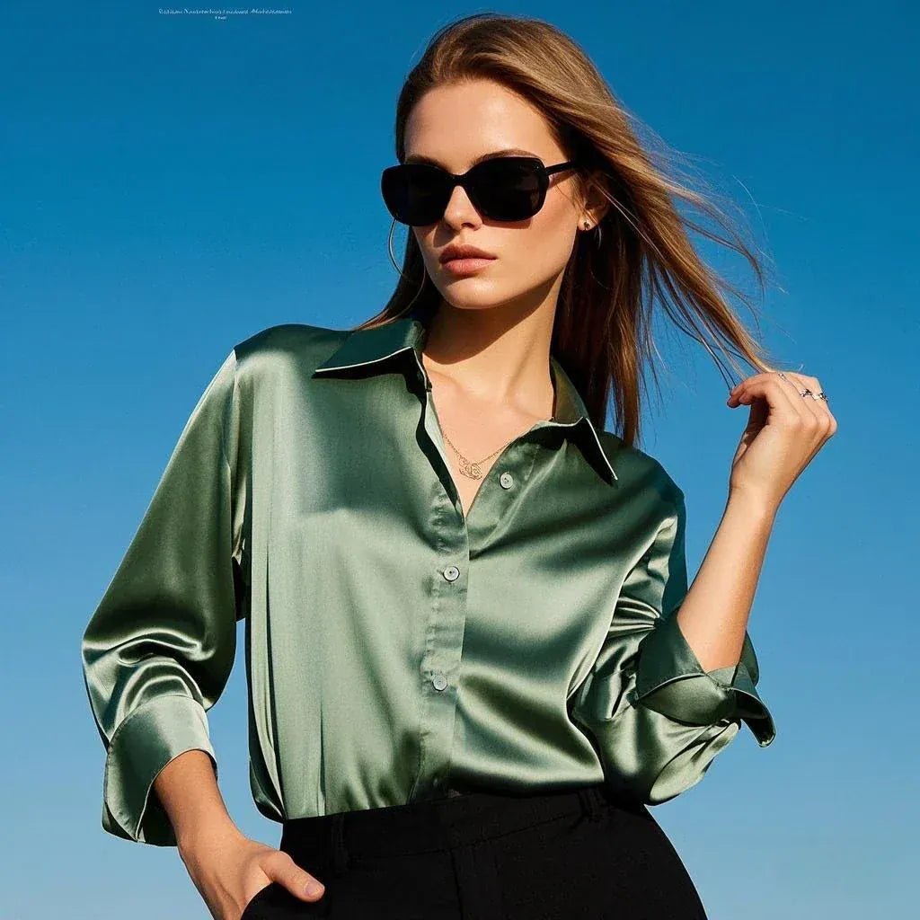 T-line Green / S Shirt, Blouses For Women, Satin, Multicolor, Basic Slim Shirt, Solid All-Match, Top ,  (2 weeks delivery)