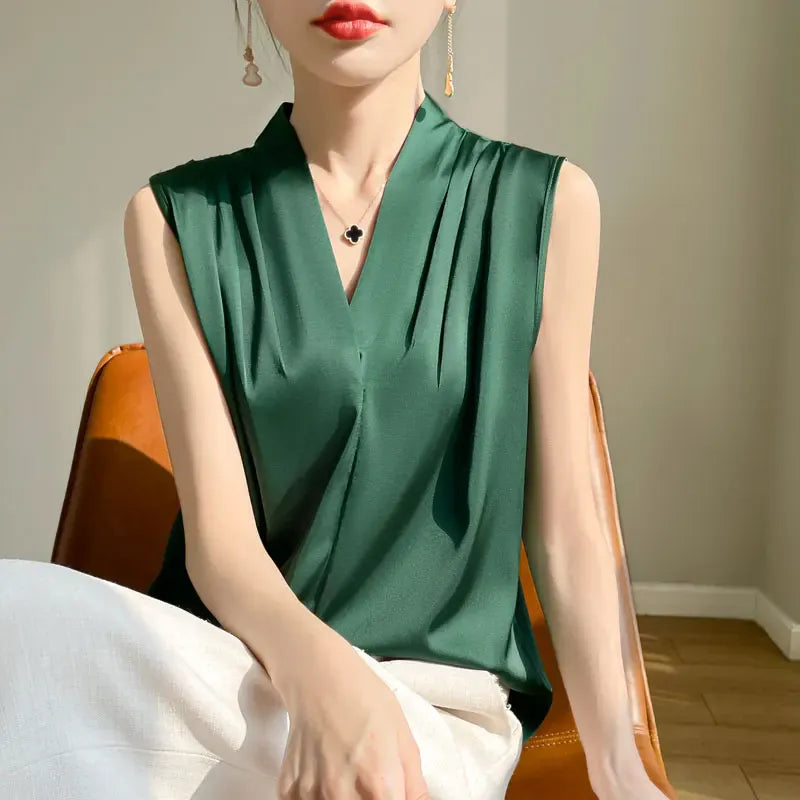 T-line Green / S Tops, Blouses, Solid Color,  Satin, shirt, Sleeveless female Shirts,  (2 weeks delivery)