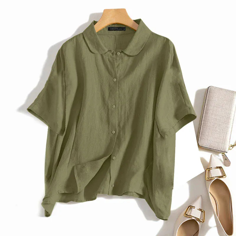 T-line Green Short Sleeve / S Shirt Women, 3/4 Sleeve Blouse,  Buttons Down Tops ,Tunic Female Casual Loose Blusas (2 weeks delivery)