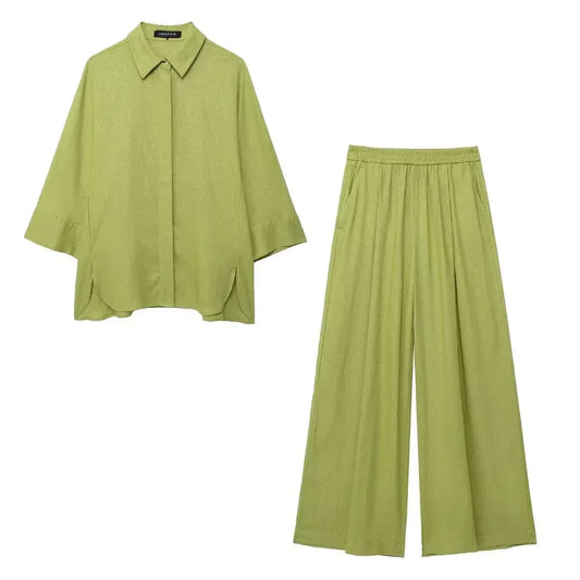T-line Green Suit / XS Women  Blouse Pant Sets,  Loose Long Sleeve, Shirts,  Wide Leg Trousers Suit (2 weeks delivery)