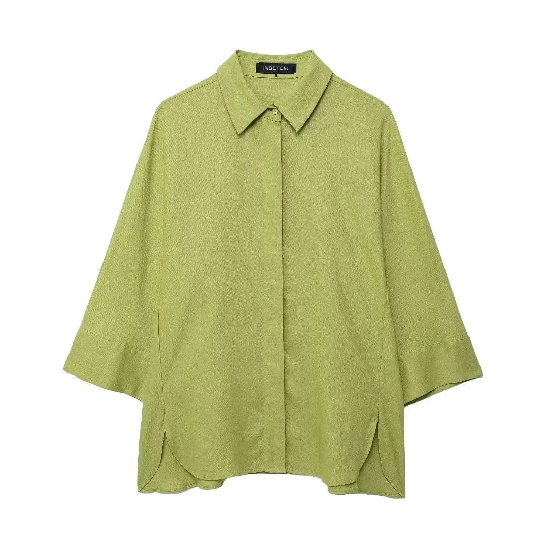 T-line Green Top / XS Women  Blouse Pant Sets,  Loose Long Sleeve, Shirts,  Wide Leg Trousers Suit (2 weeks delivery)