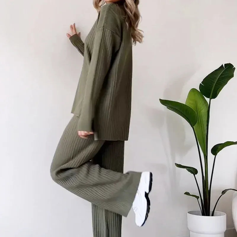T-line Green / XS Two Pieces Women Pant Sets,  Solid,  Pullover,  Wide Leg, Length Pants, Sets, suit, Pockets Sports Casual (2 weeks delivery)