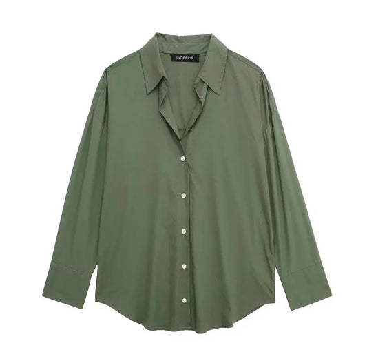 T-line Green / XS Women's  Long Sleeve Lapel Blouses, V-neck, Single Breasted, Loose, Shirt, Tops (2 weeks delivery)