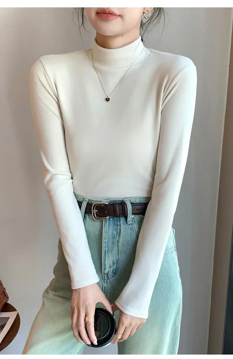 T-line Half-High Neck, Double-Sided Fleece,  Base Shirt for Women, Autumn / Winter, Long-Sleeve Top, Warm, pullover, sweater  (2 weeks delivery)
