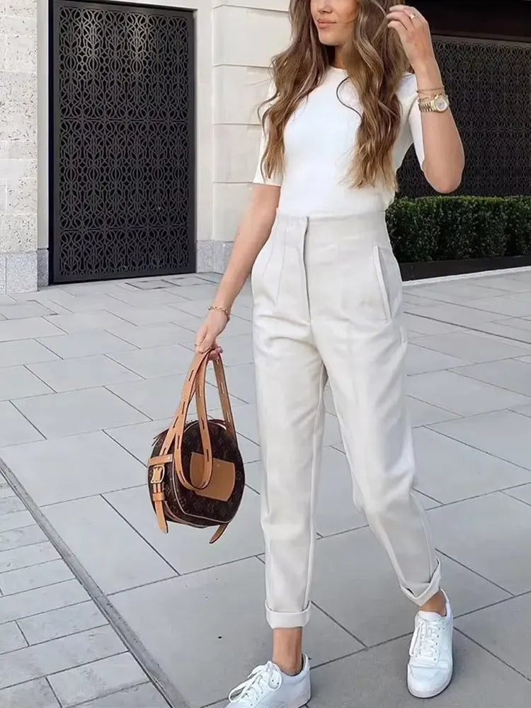 T-line HH Women Elegant Solid Pencil Pants High Waist Pant For Women Casual Streetwear Woman Trousers Office Wear Chic Pant