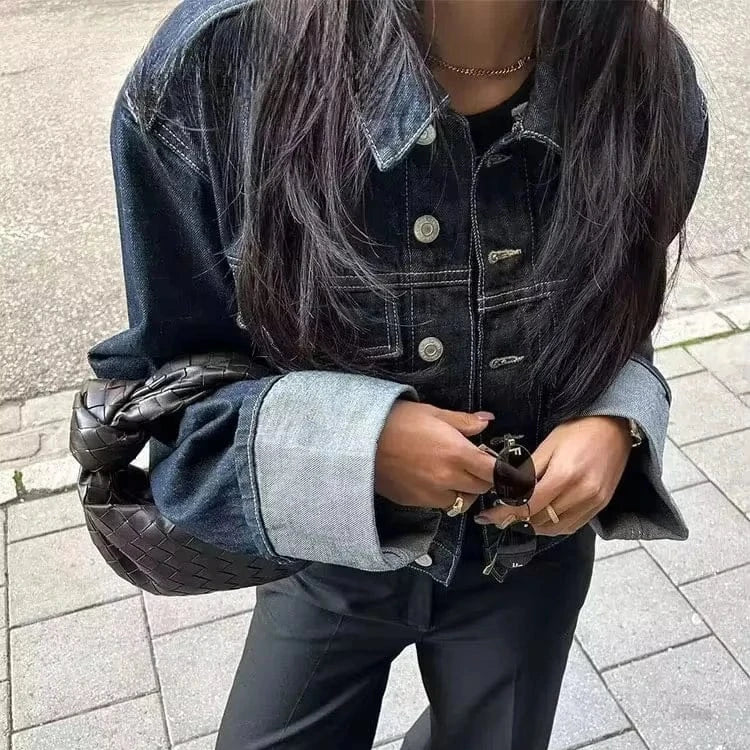 T-line HH Women Fashion Denim Set Casual Lapel Long Sleeve Crop Jacket Buttons Female Vintage Wide Leg Loose Jeans Long Pants