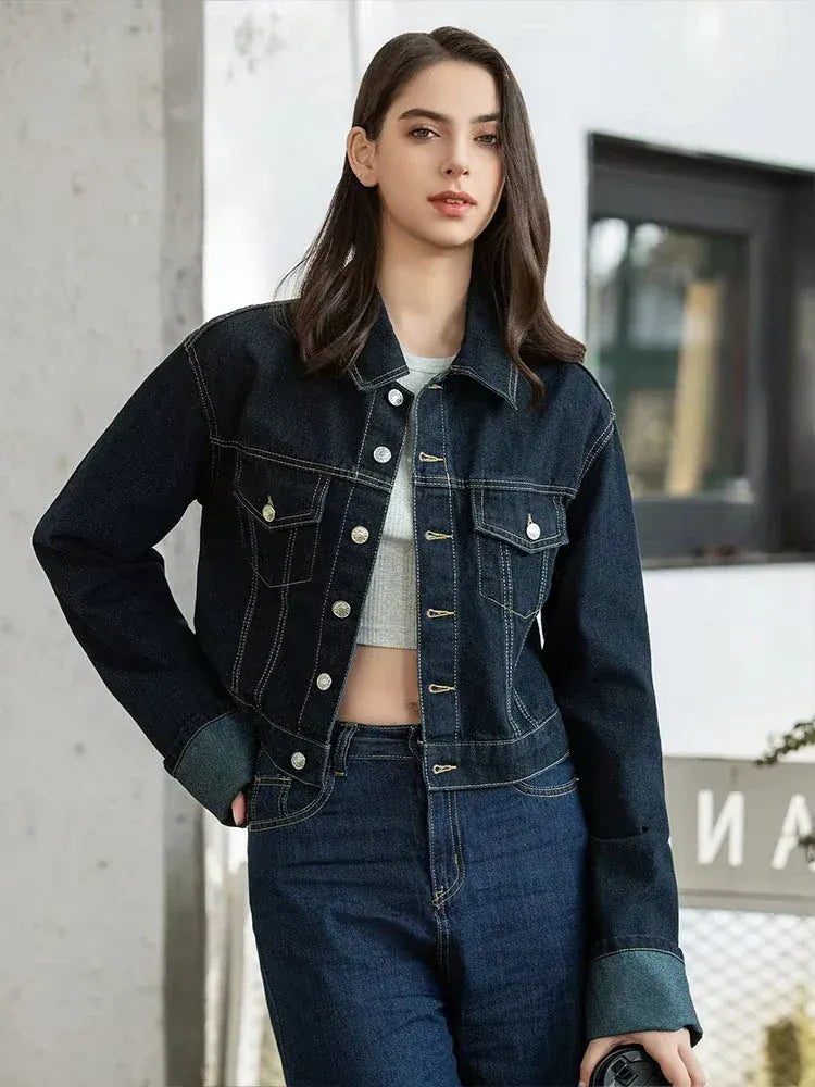 T-line HH Women Fashion Denim Set Casual Lapel Long Sleeve Crop Jacket Buttons Female Vintage Wide Leg Loose Jeans Long Pants