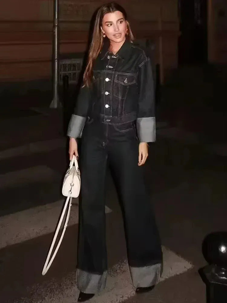 T-line HH Women Fashion Denim Set Casual Lapel Long Sleeve Crop Jacket Buttons Female Vintage Wide Leg Loose Jeans Long Pants