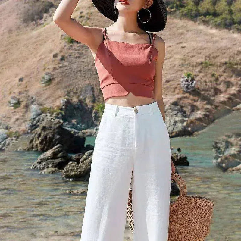 T-line High Waist, White Wide Leg Pants, Summer  Cotton Linen Pants,   Straight Full Trousers Female (2 weeks delivery)