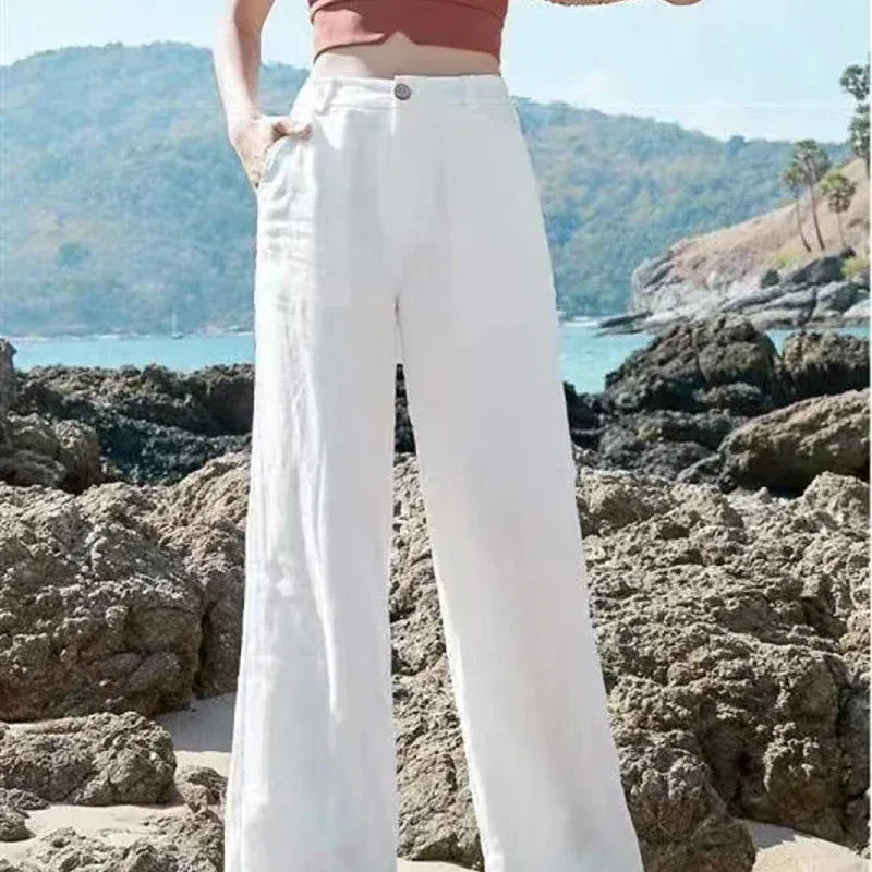 T-line High Waist, White Wide Leg Pants, Summer  Cotton Linen Pants,   Straight Full Trousers Female (2 weeks delivery)