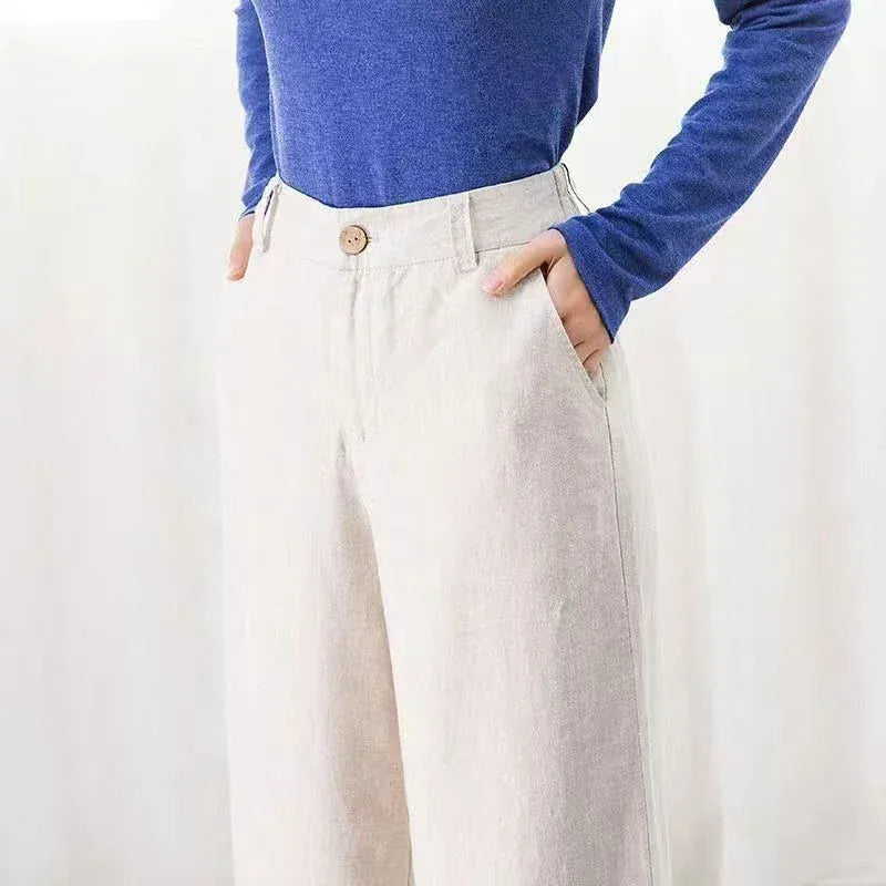 T-line High Waist, White Wide Leg Pants, Summer  Cotton Linen Pants,   Straight Full Trousers Female (2 weeks delivery)